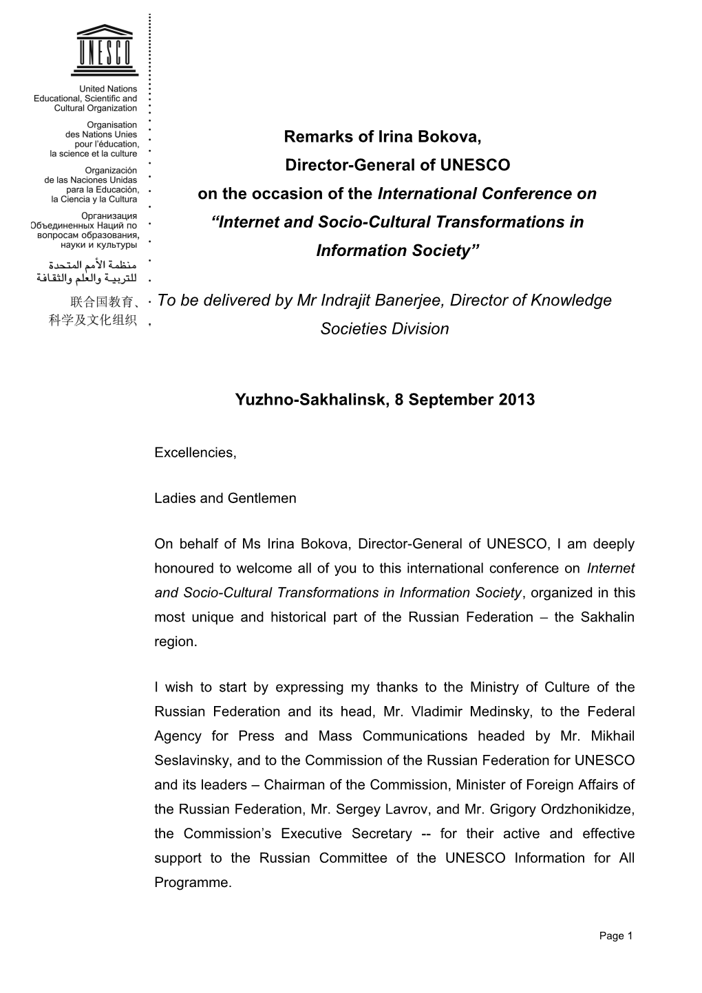 Remarks of Irina Bokova, Director-General of Unescoon the Occasion of the International