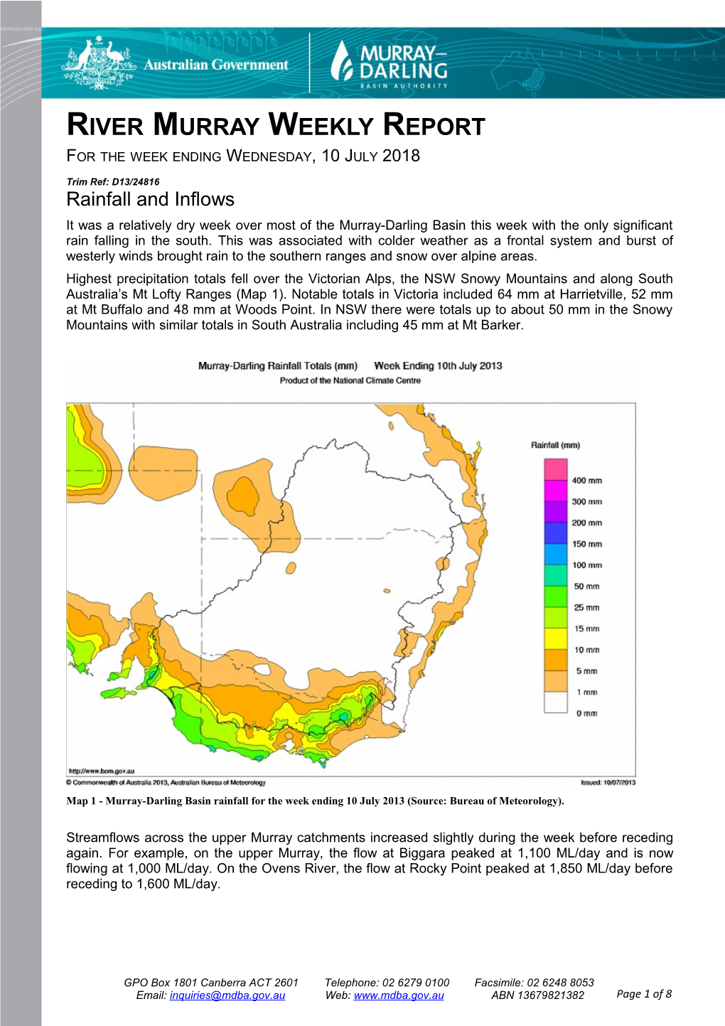 River Murray Operations Weekly Report 10 July 2013