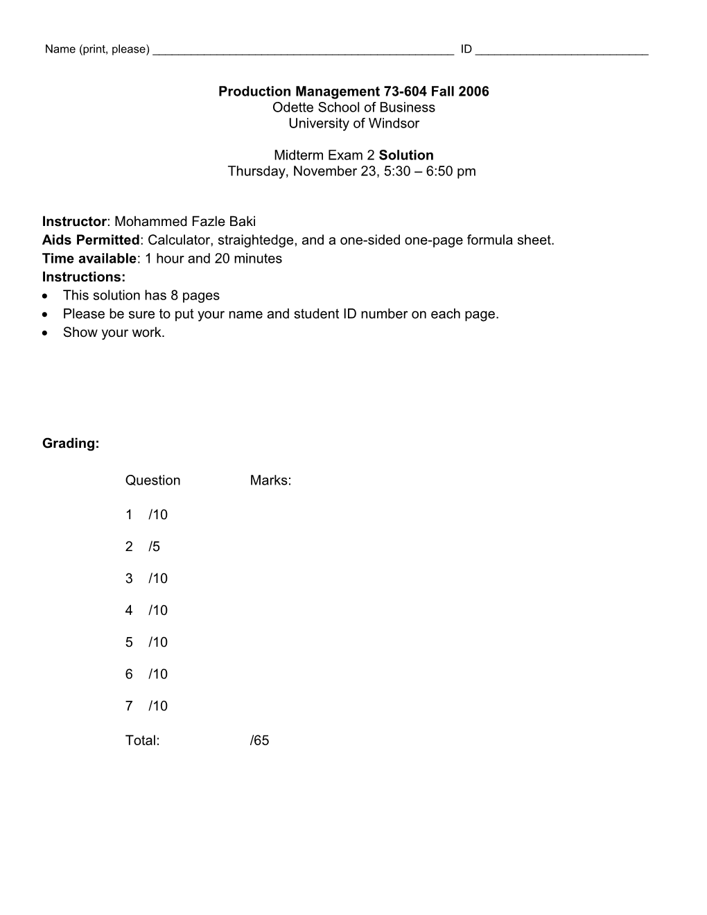 Msci 261 Managerial and Engineering Economics W96