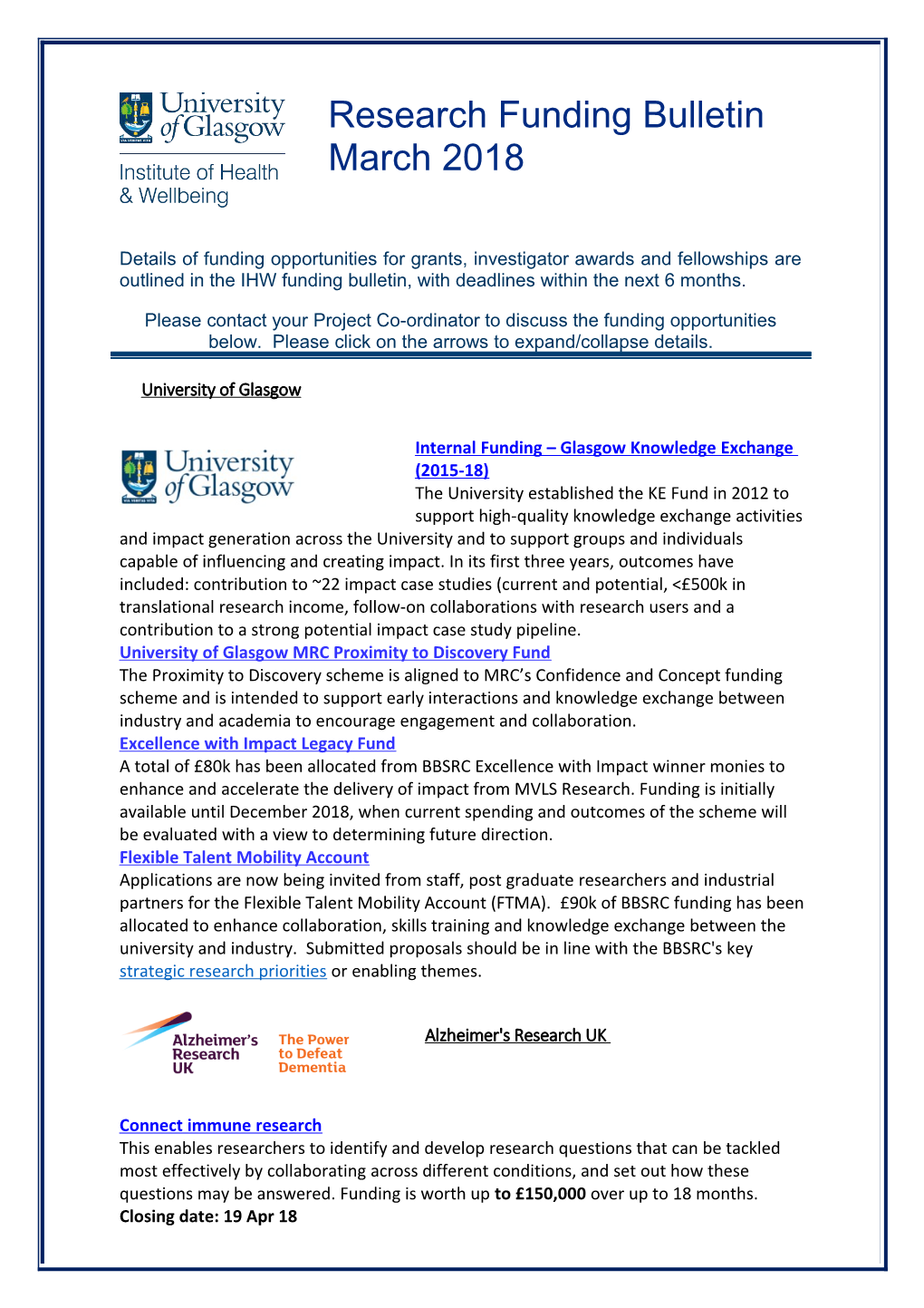 Internal Funding Glasgow Knowledge Exchange (2015-18)