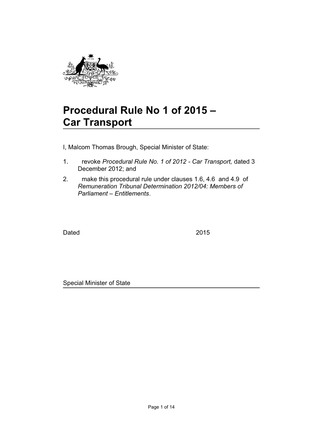 Procedural Rule No 1 of 2015 Car Transport