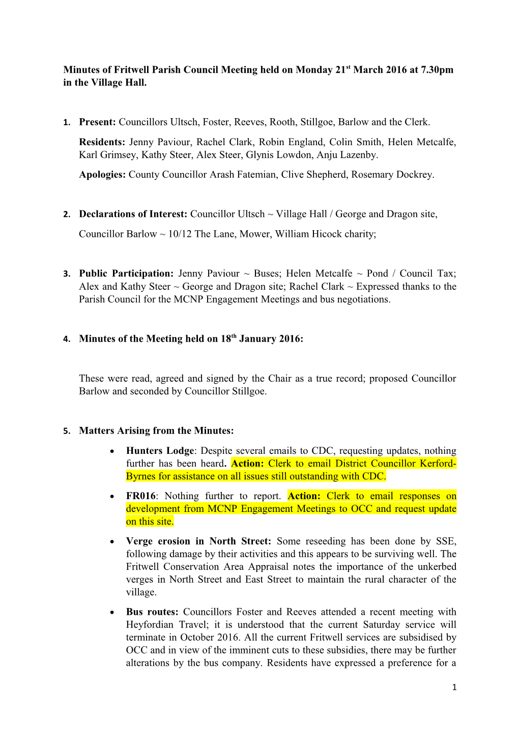 Minutes of Fritwell Parish Council Meeting Held on Monday 21St March 2016 at 7.30Pm In