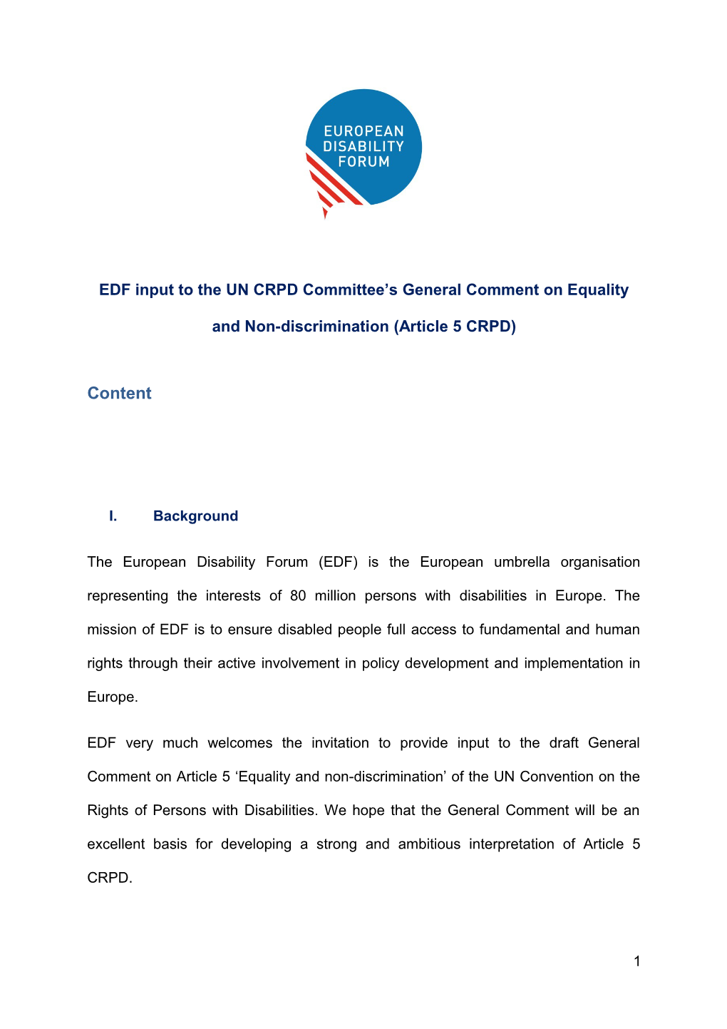 EDF Input to the UN CRPD Committee S General Comment on Equality and Non-Discrimination