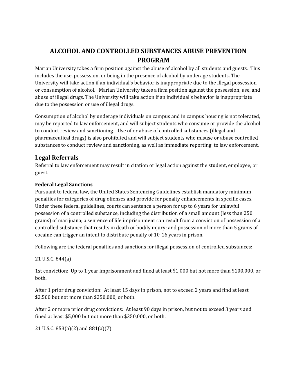 Marian University Statement on Drug and Alcohol Prevention and Programming