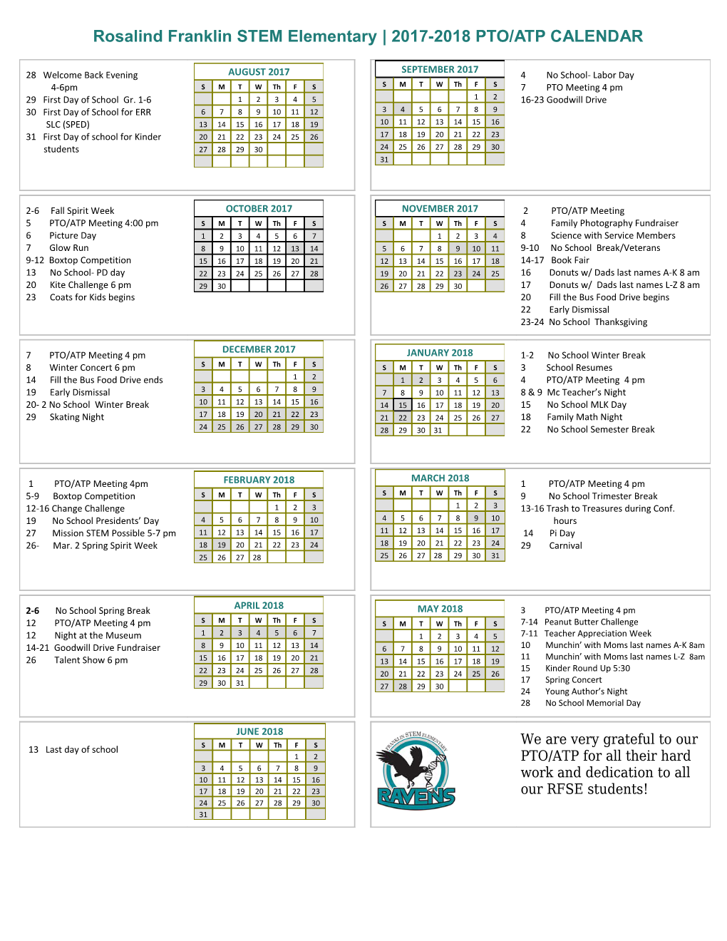 Rosalind Franklin STEM Elementary 2017-2018 PTO/ATP CALENDAR