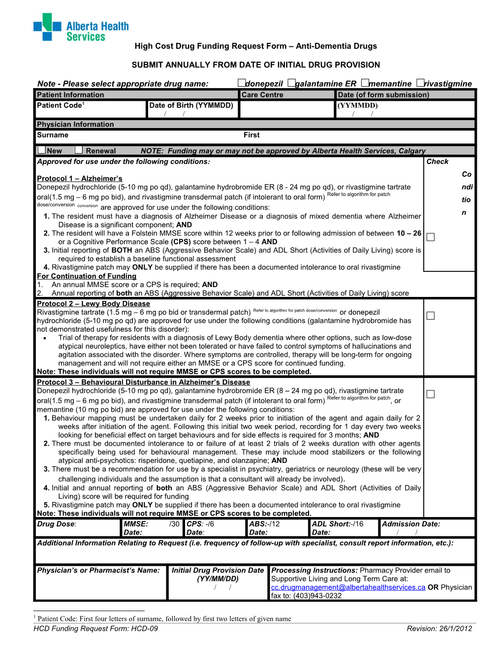 High Cost Drug Funding Request Form Antidementia