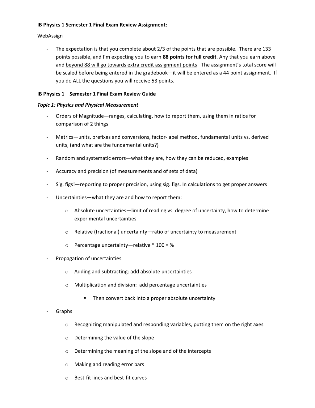 IB Physics 1 Semester 1 Final Exam Review Assignment