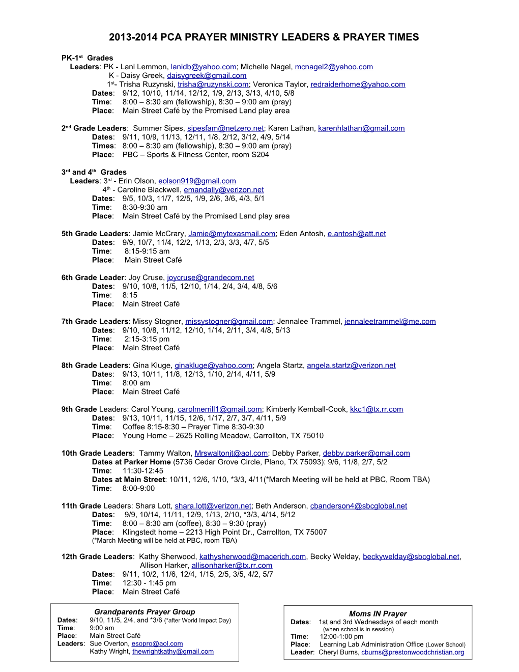 2013-2014Pca Prayer Ministry Leaders & Prayer Times