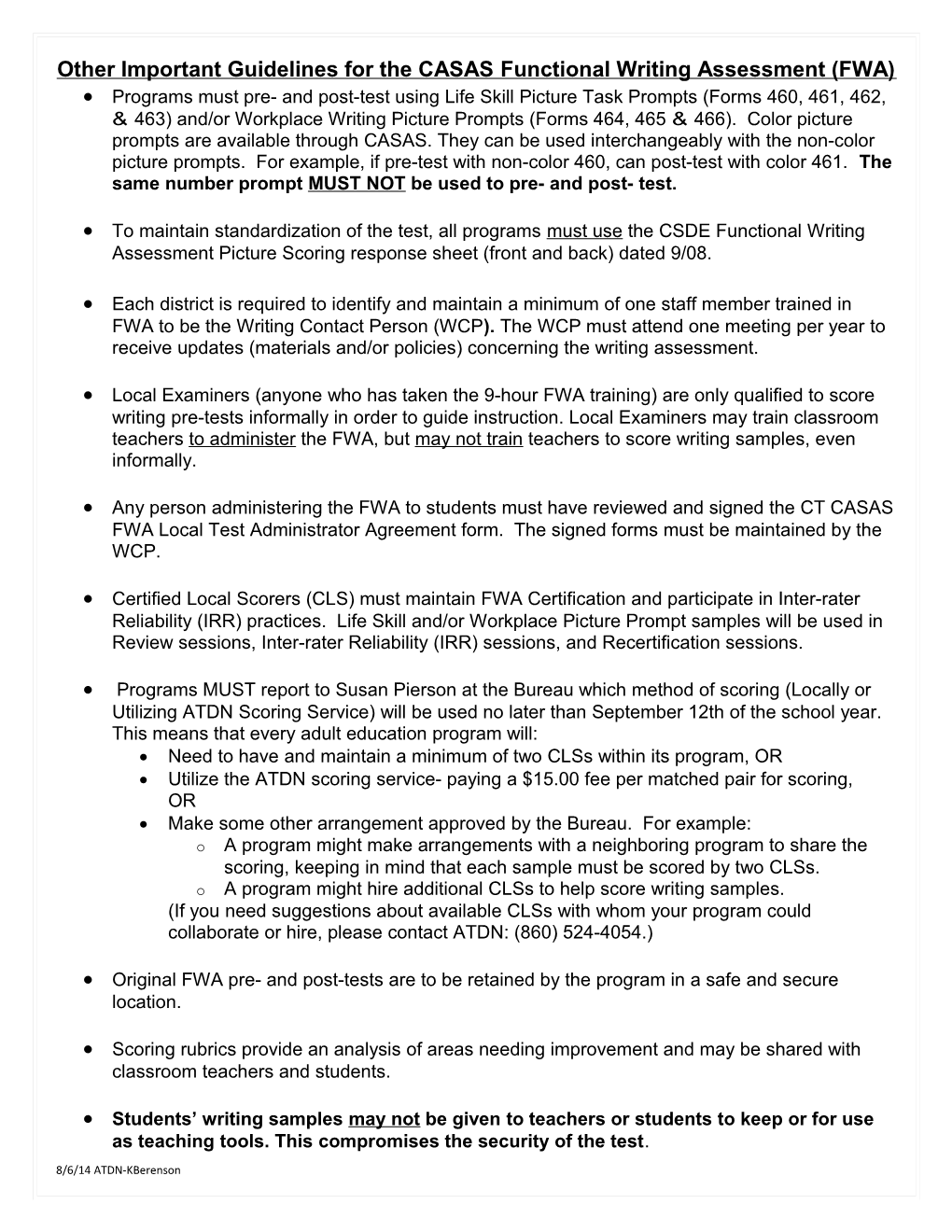 Other Important Guidelines for the CASAS Functional Writing Assessment (FWA)