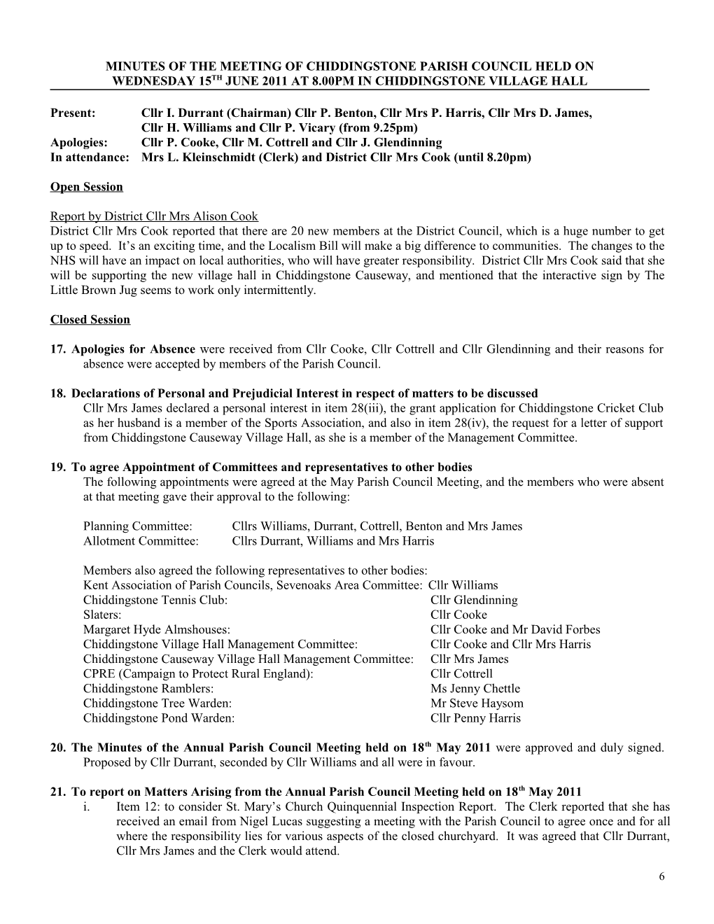 Minutes of the Meeting of Chiddingstone Parish Council Held On