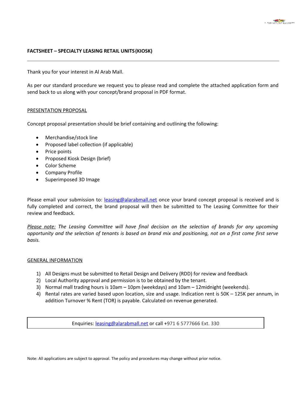 Factsheet Specialty Leasing Retail Units (Kiosk)