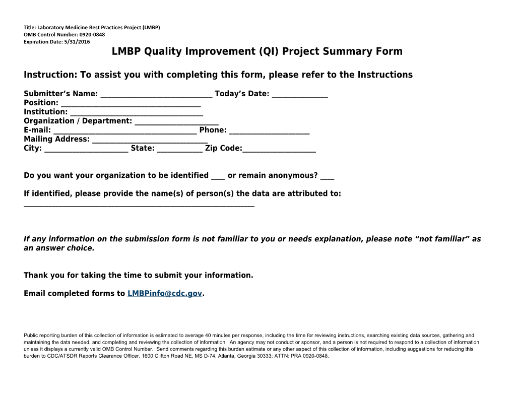 Title: Laboratory Medicine Best Practices Project (LMBP)