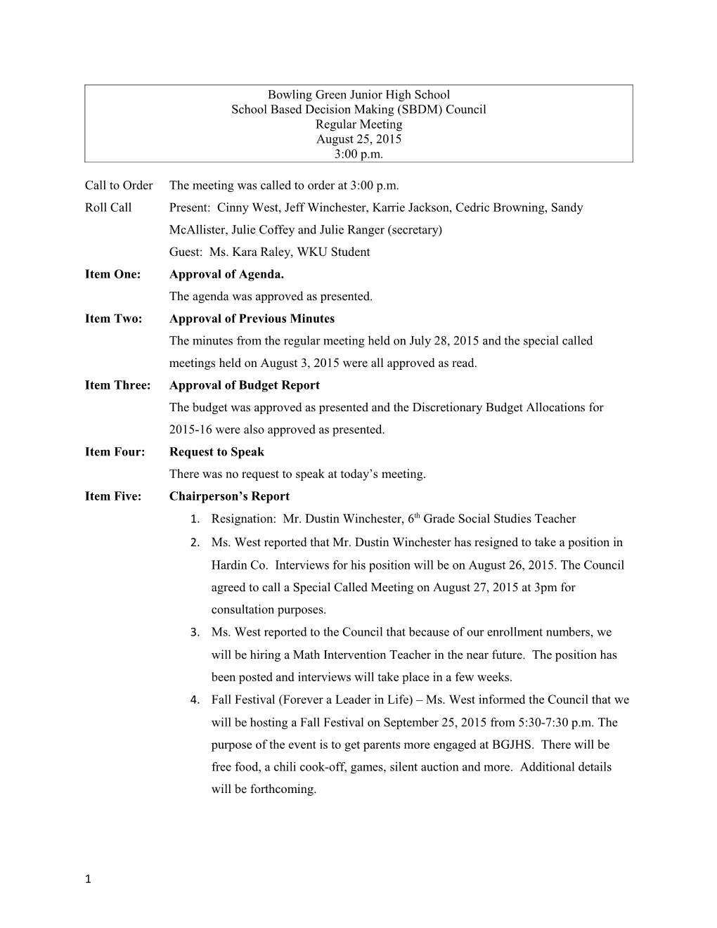 SBDM Meeting Minutes August 27, 2013