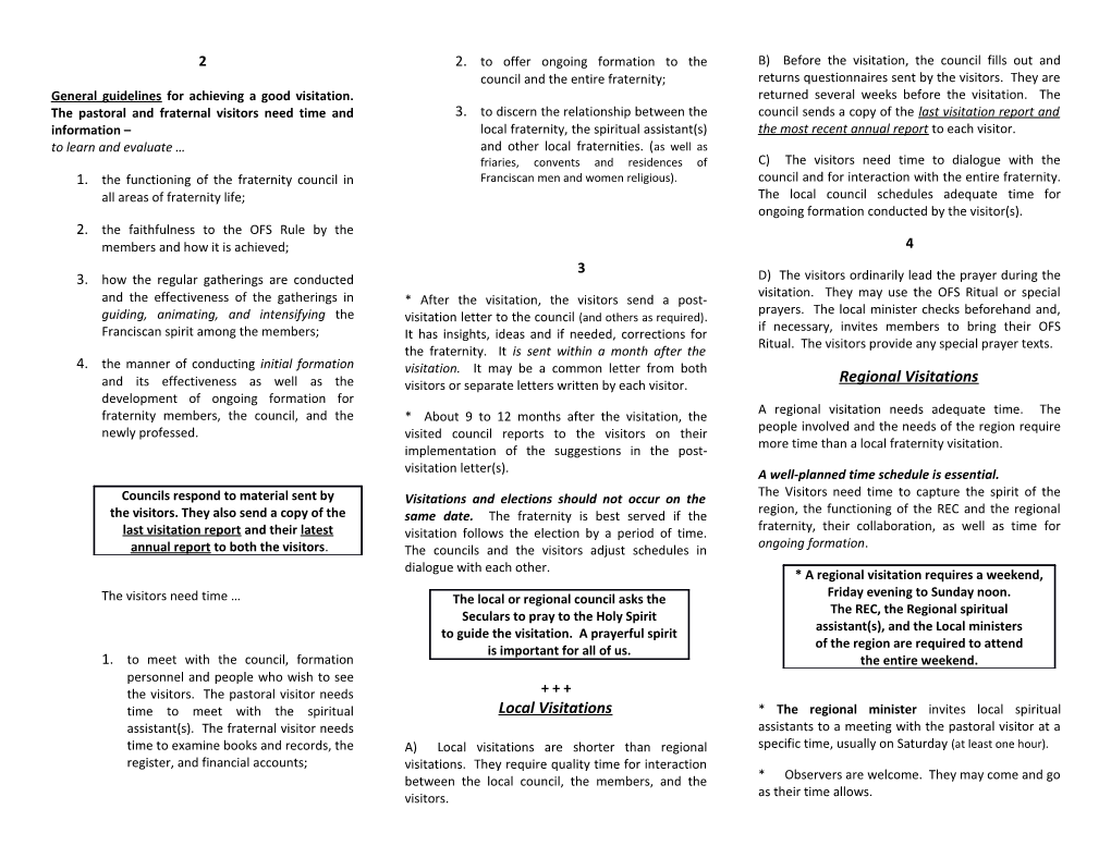 General Guidelines for Achieving a Good Visitation. the Pastoral and Fraternal Visitors