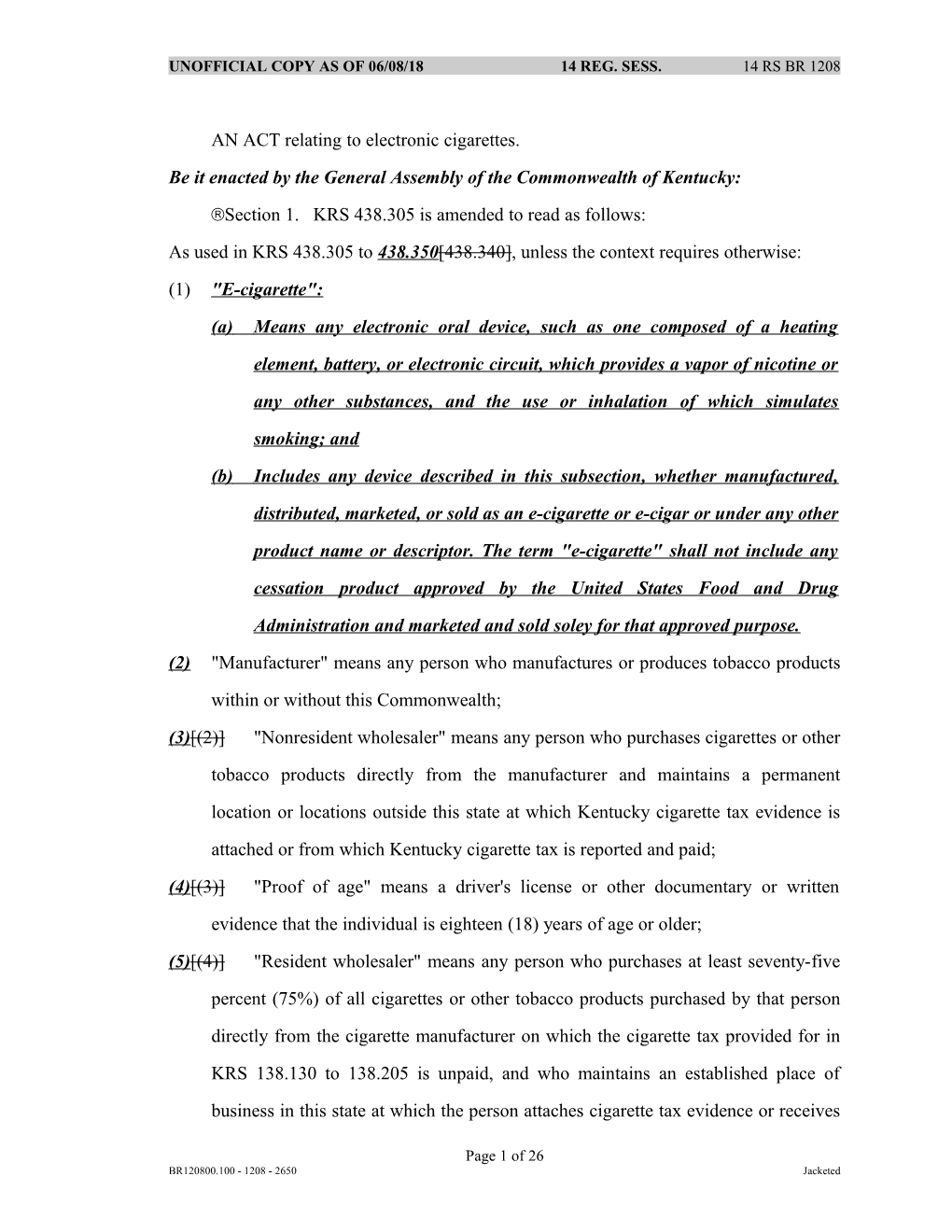 AN ACT Relating to Electronic Cigarettes