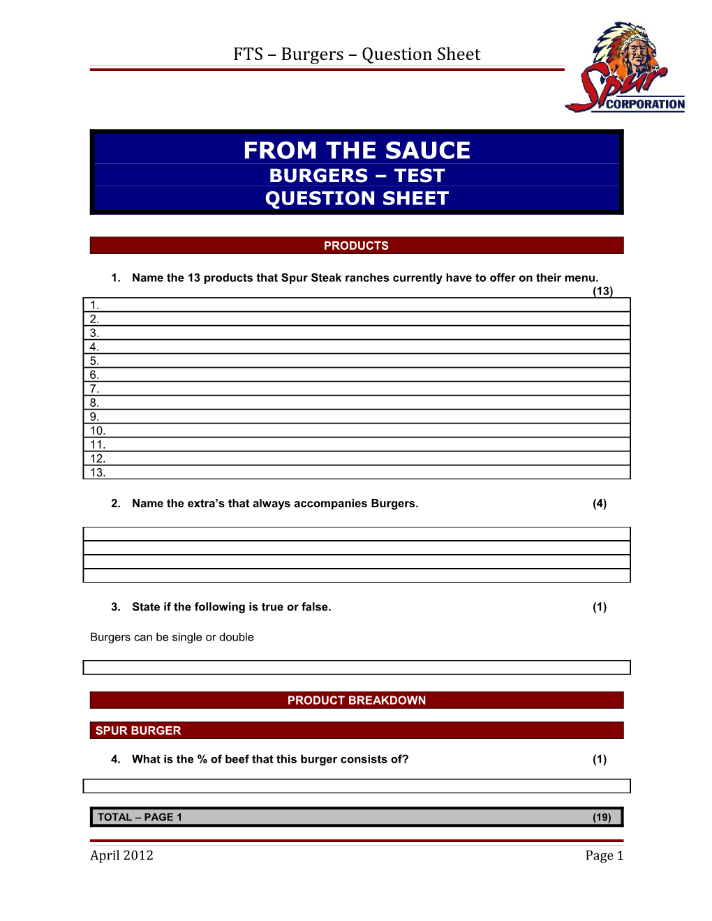 FTS Burgers Question Sheet
