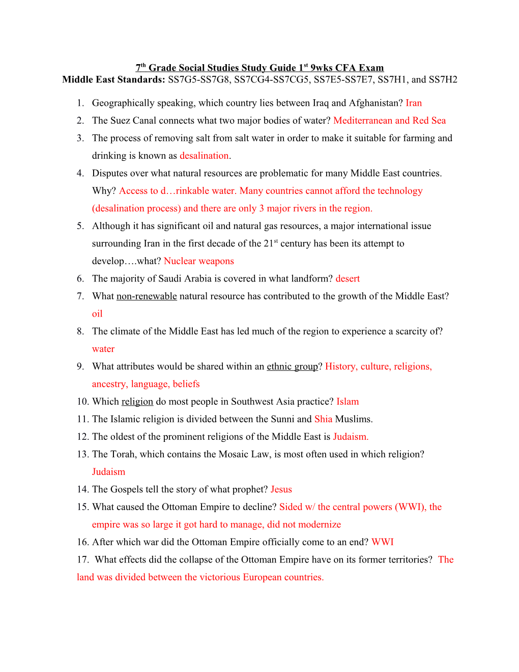 7Th Grade Social Studies Study Guide 1St9wks CFA Exam