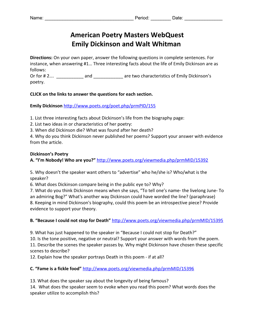 American Poetry Masters Webquest Emily Dickinson and Walt Whitman