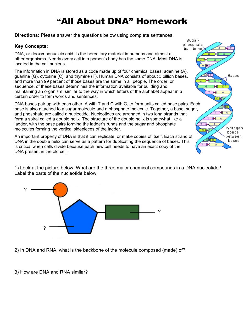 Homework # 11 - DNA-RNA PROBLEMS - Extra Credit 5 Points