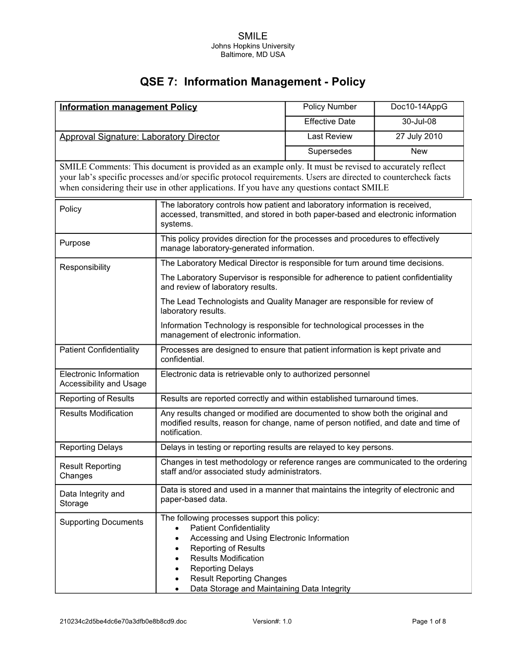 QSE 7: Information Management - Policy