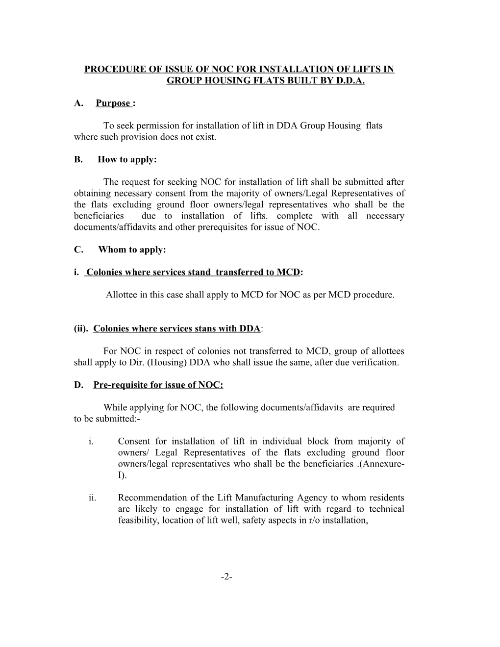 Procedure of Issue of Noc for Installation of Lifts in Group Housing Flats Built by D.D.A