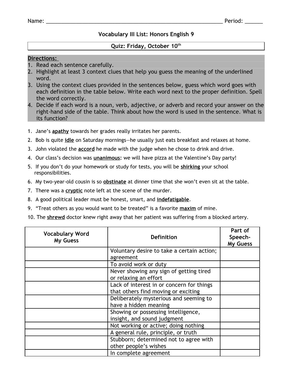 Vocabulary III List: Honors English 9