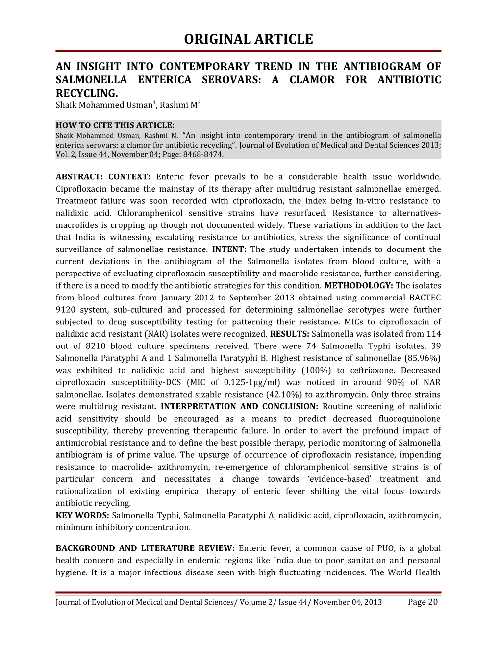 An Insight Into Contemporary Trend in the Antibiogram of Salmonella Enterica Serovars