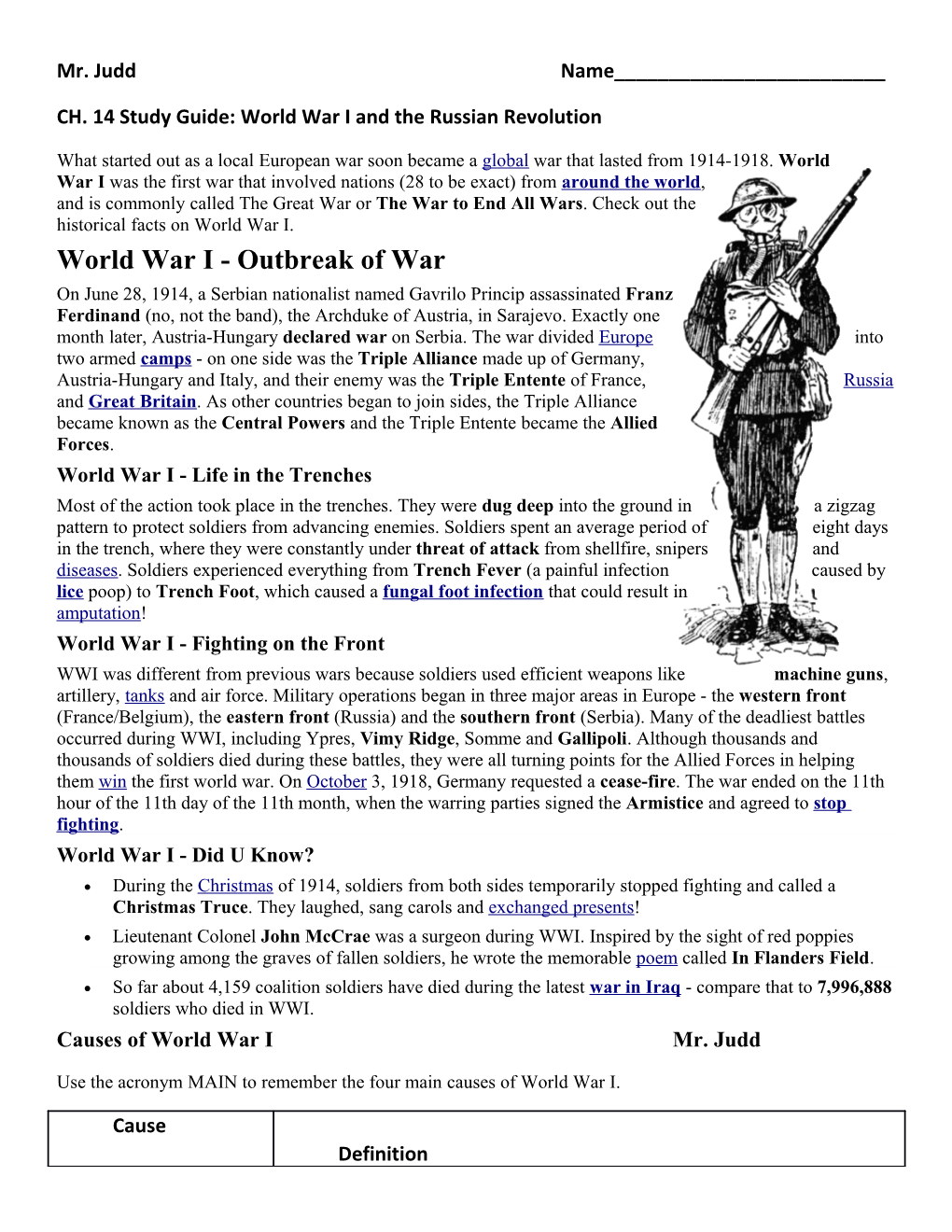 CH. 14 Study Guide: World War I and the Russian Revolution