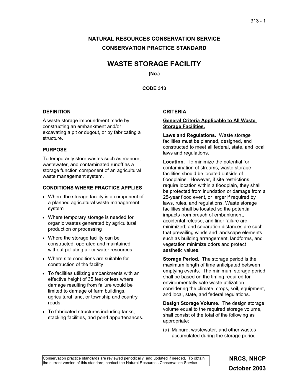 Waste Storage Facility Code 313