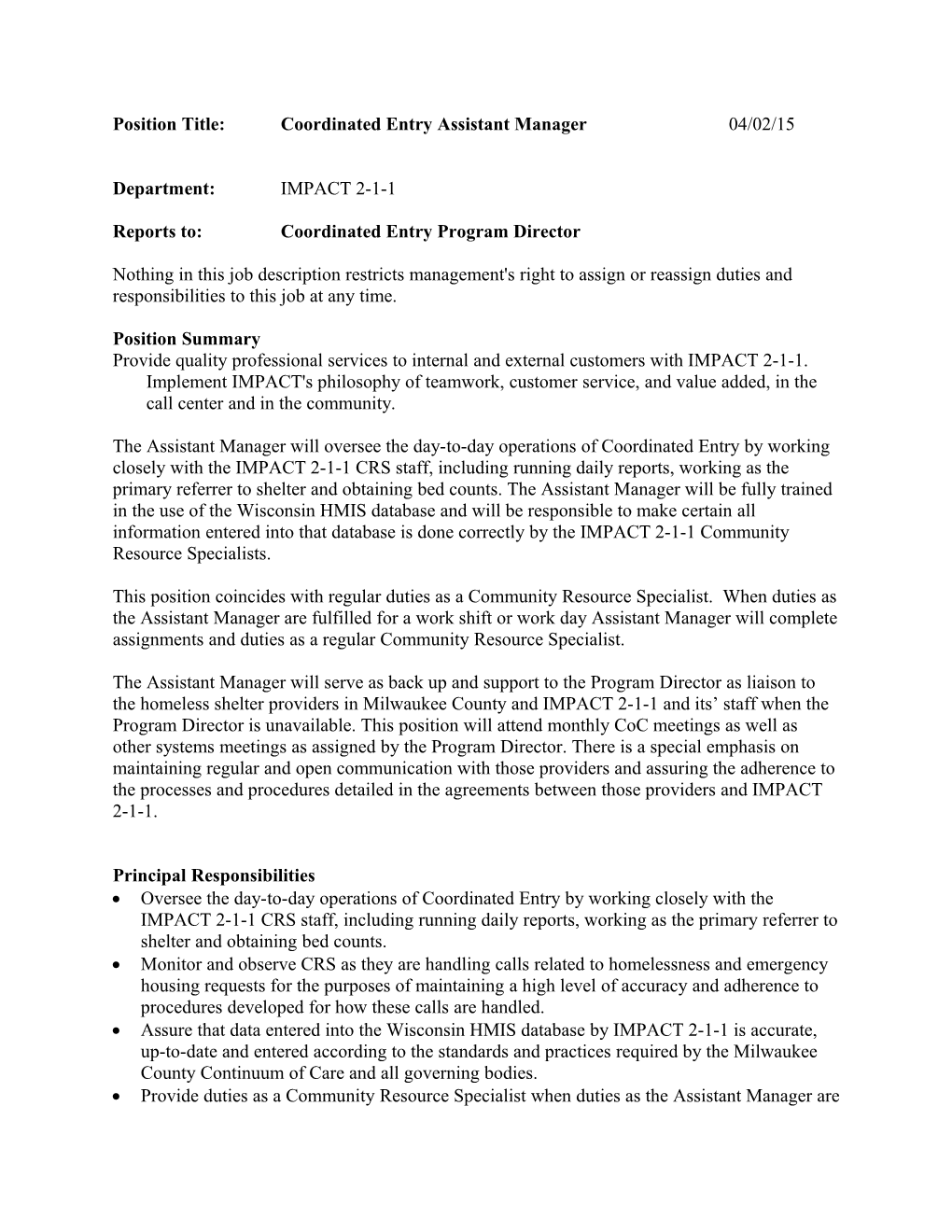 Position Title: Coordinated Entry Assistant Manager 04/02/15