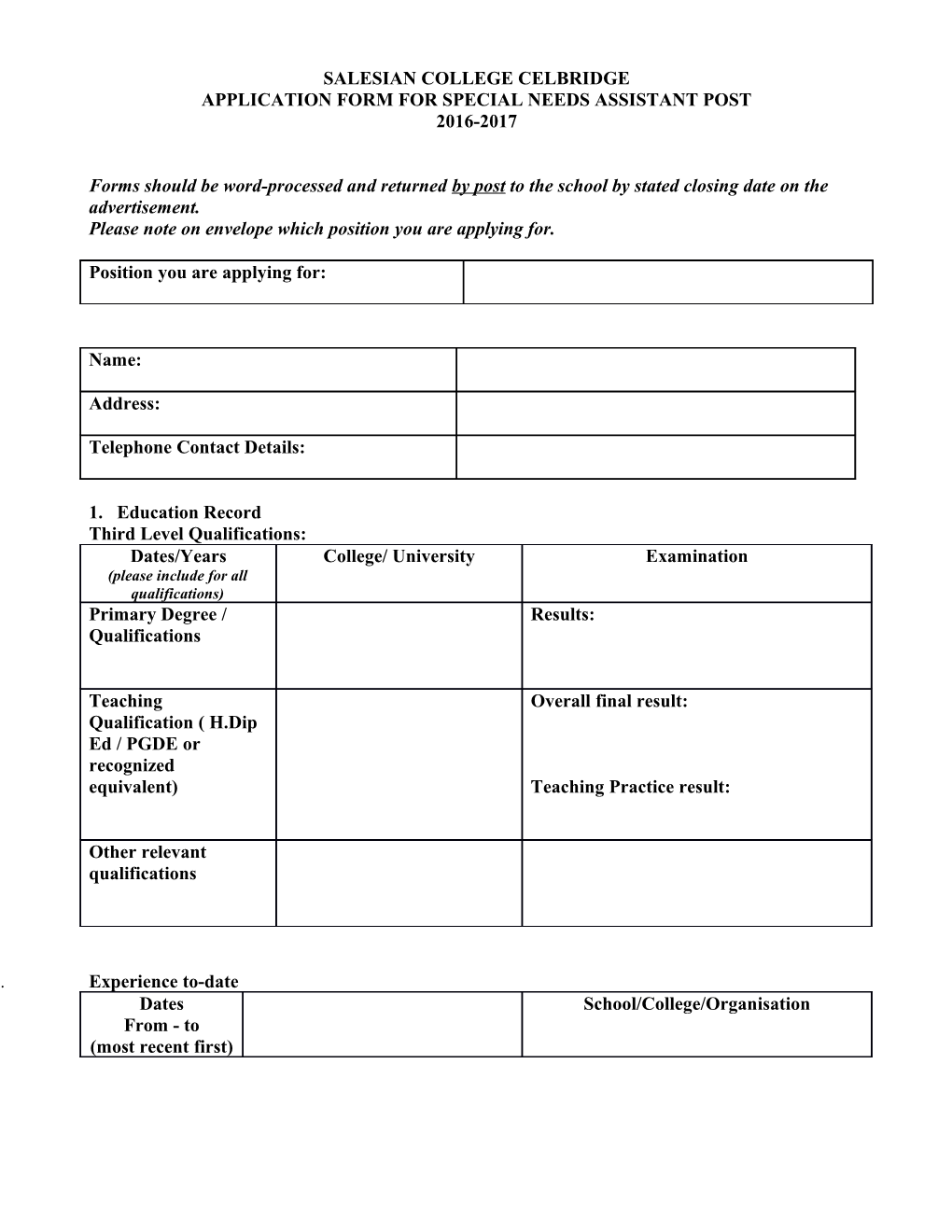 Application Form for Special Needs Assistant Post