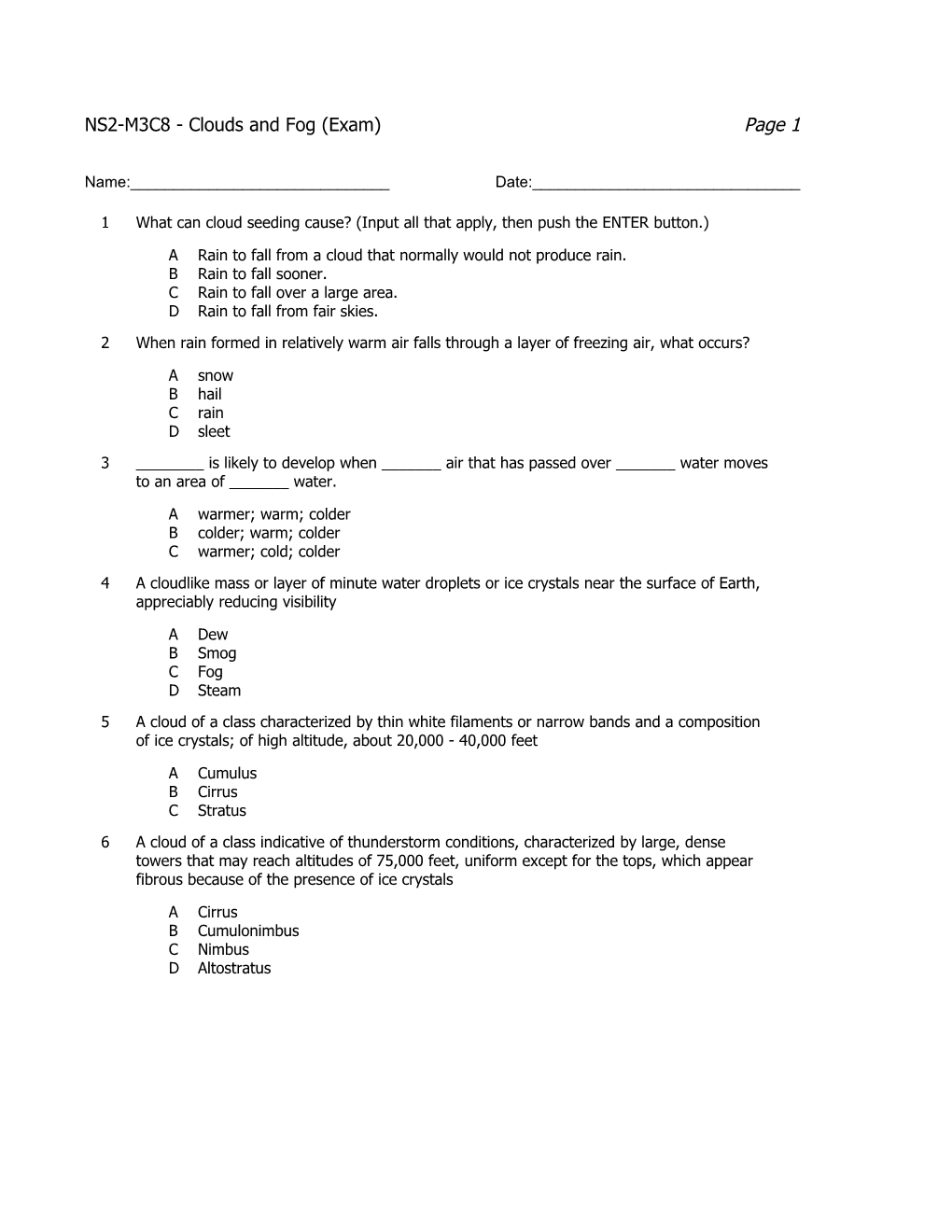 NS2-M3C8 - Clouds and Fog (Exam) Page 1