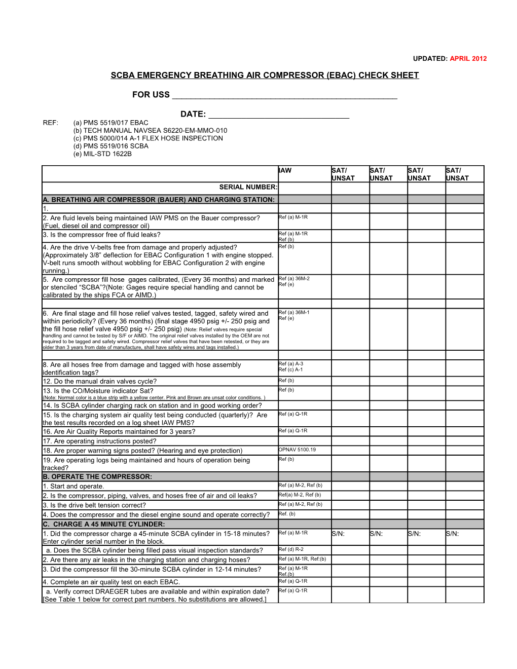 Scba Emergency Breathing Air Compressor (Ebac) Check Sheet (Cont D)