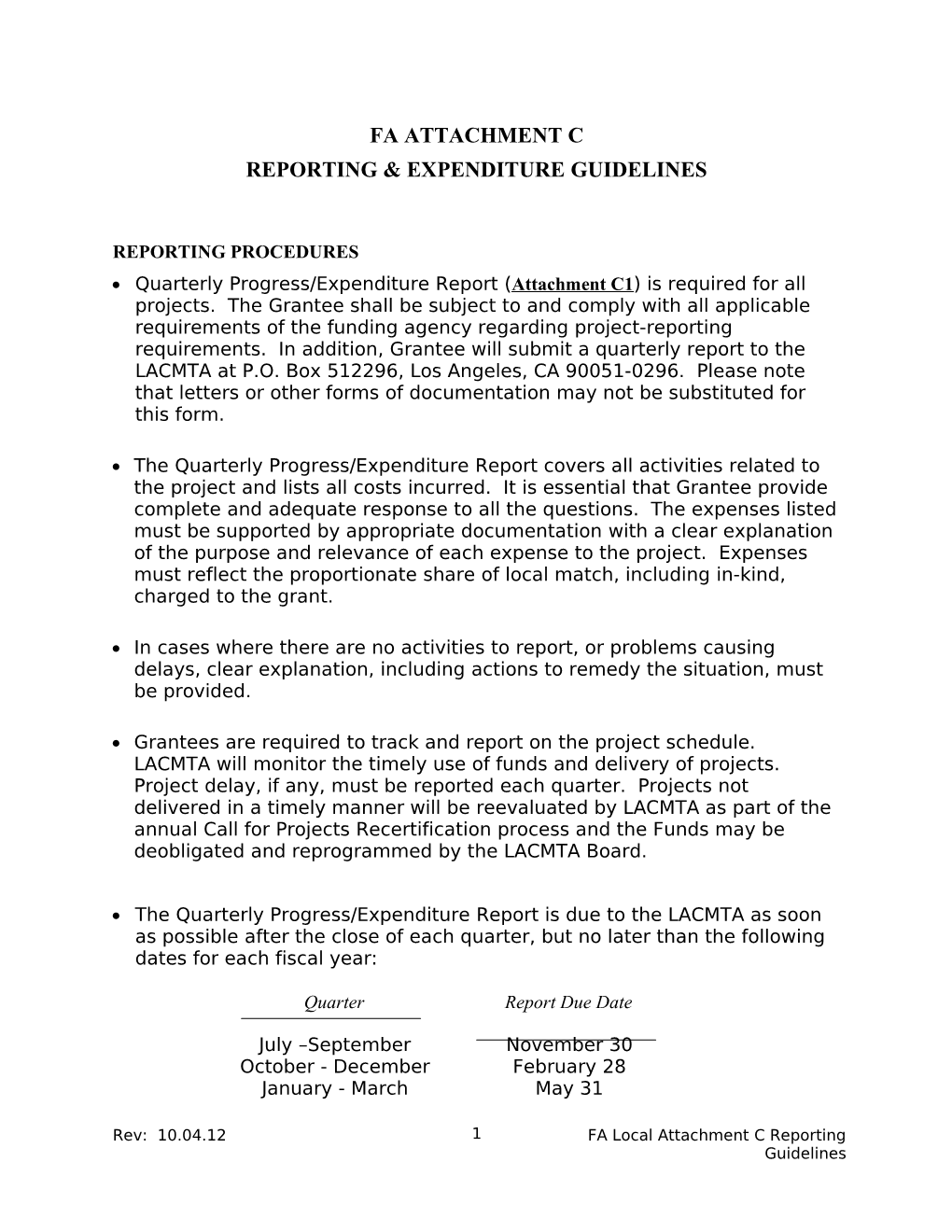 FA Local Attachment C Reporting Guidelines