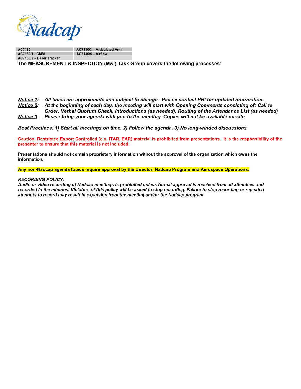 The MEASUREMENT & INSPECTION (M&I)Task Group Coversthe Following Processes