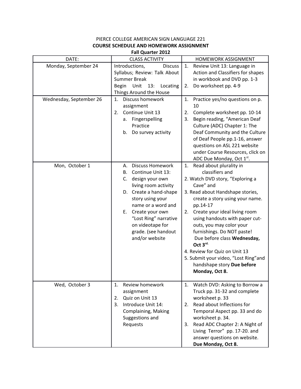 Course Schedule and Homework Assignment