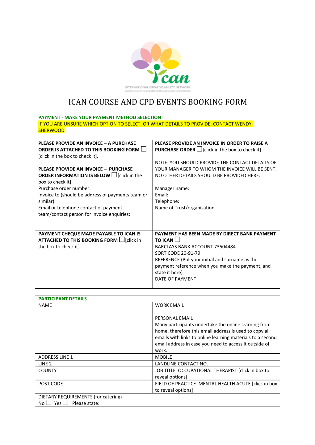 Ican Course and Cpd Events Booking Form