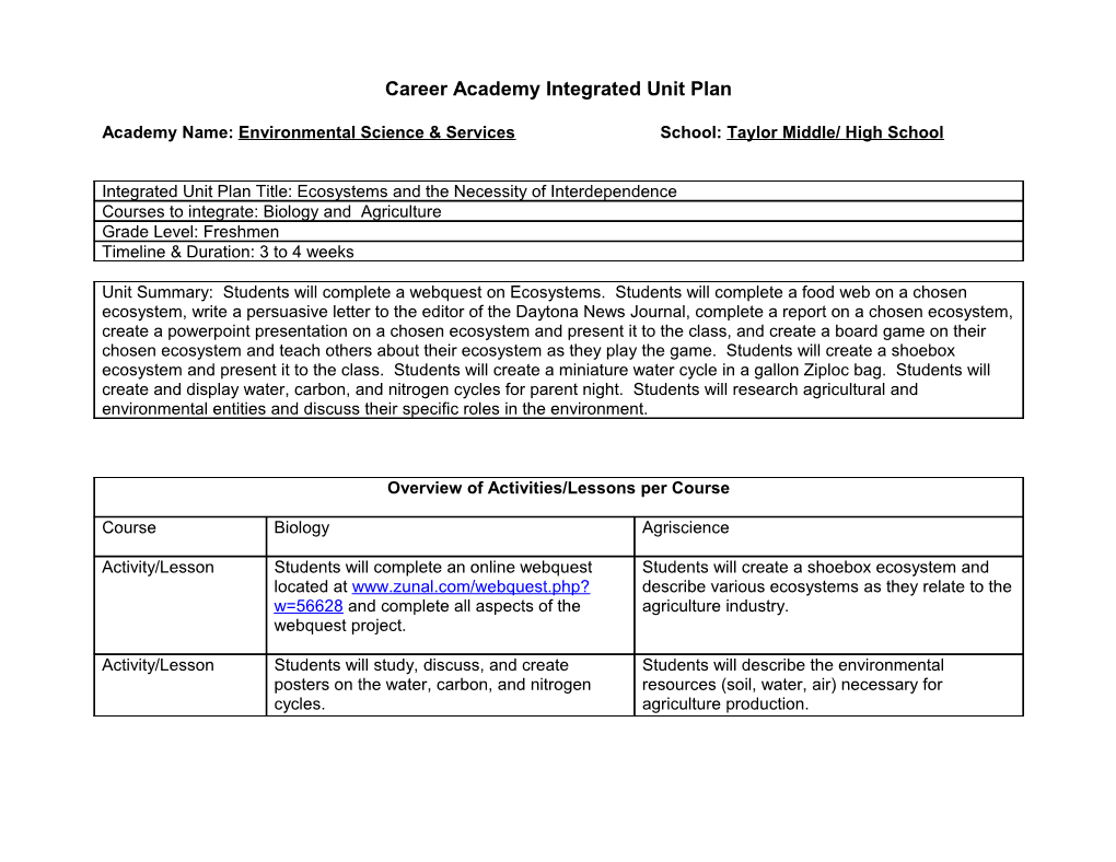 Career Academy Integrated Unit Plan