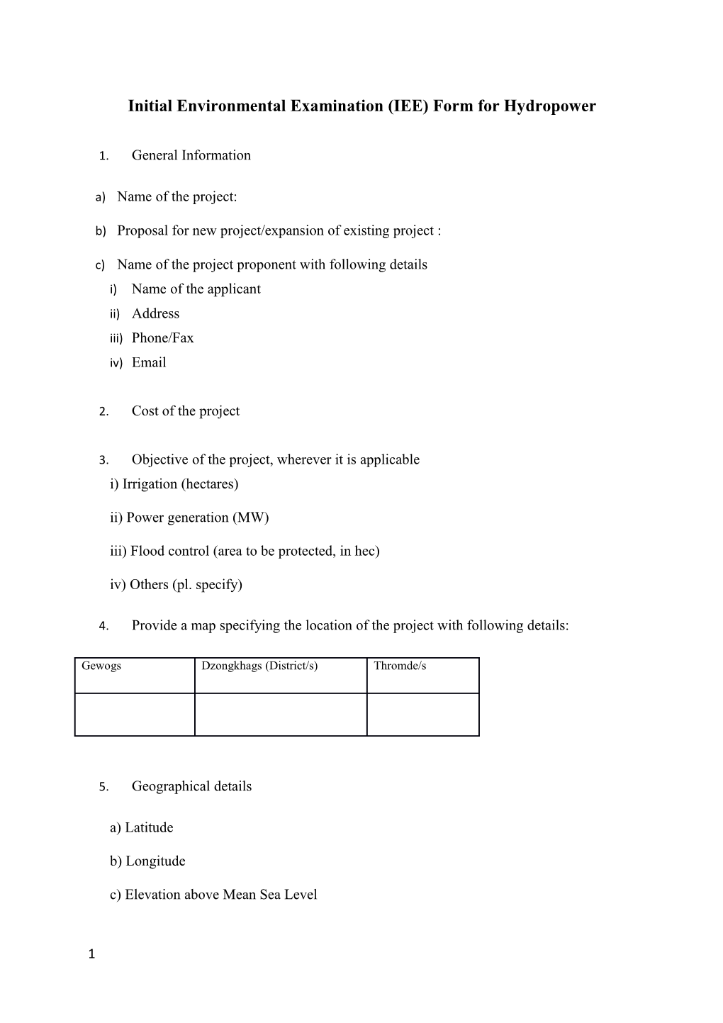 Initial Environmental Examination (IEE) Form for Hydropower
