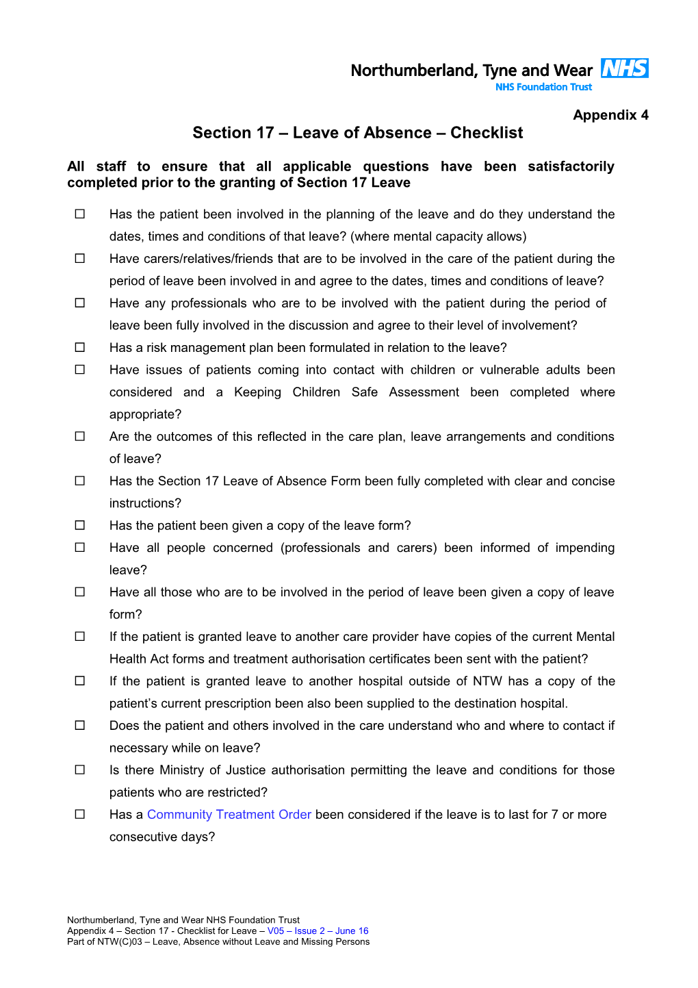 Section 17 Leave of Absence Checklist