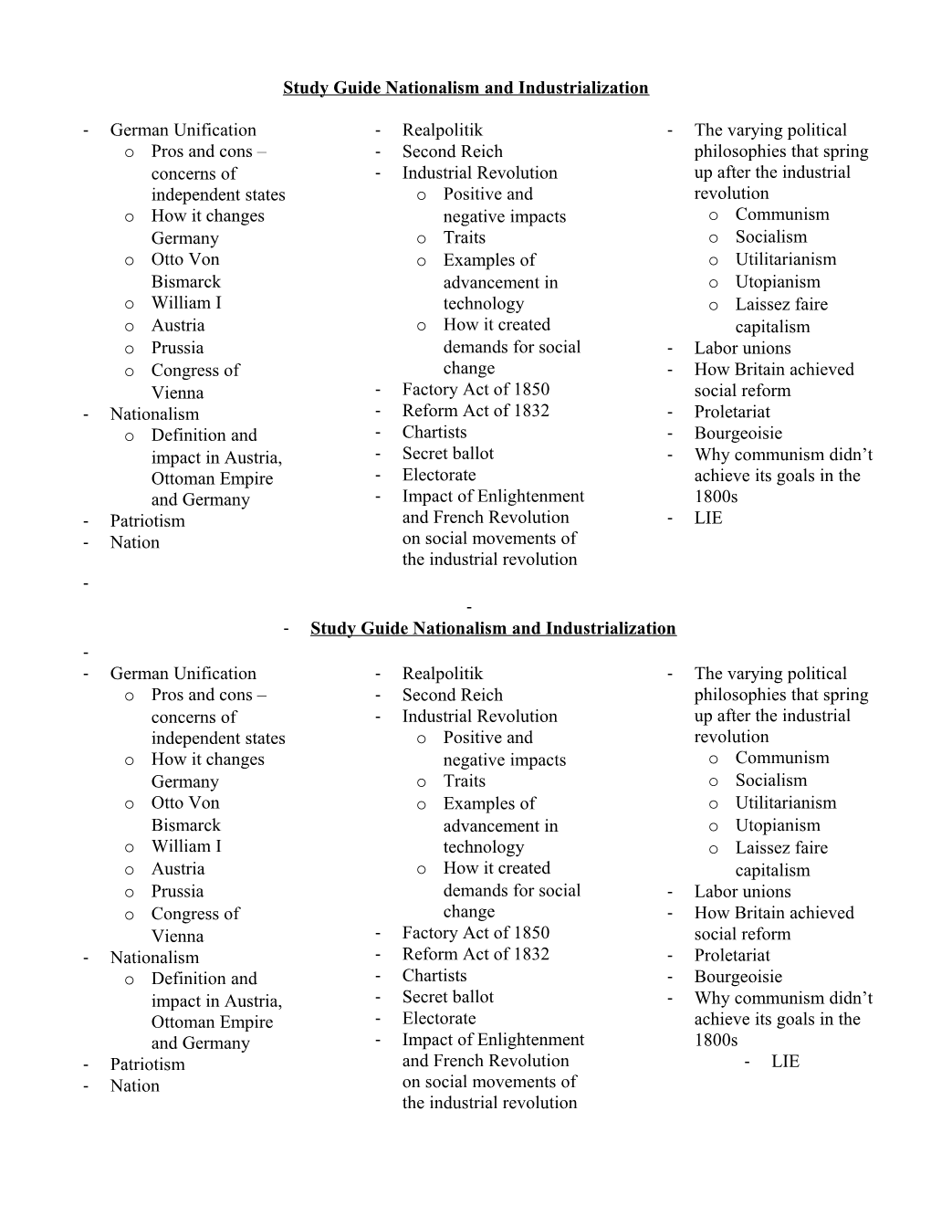 Study Guide Nationalism and Industrialization