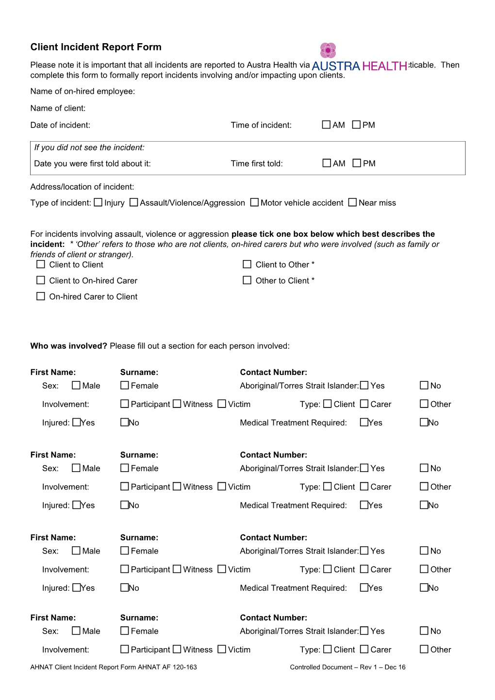 Client Incident Report Form