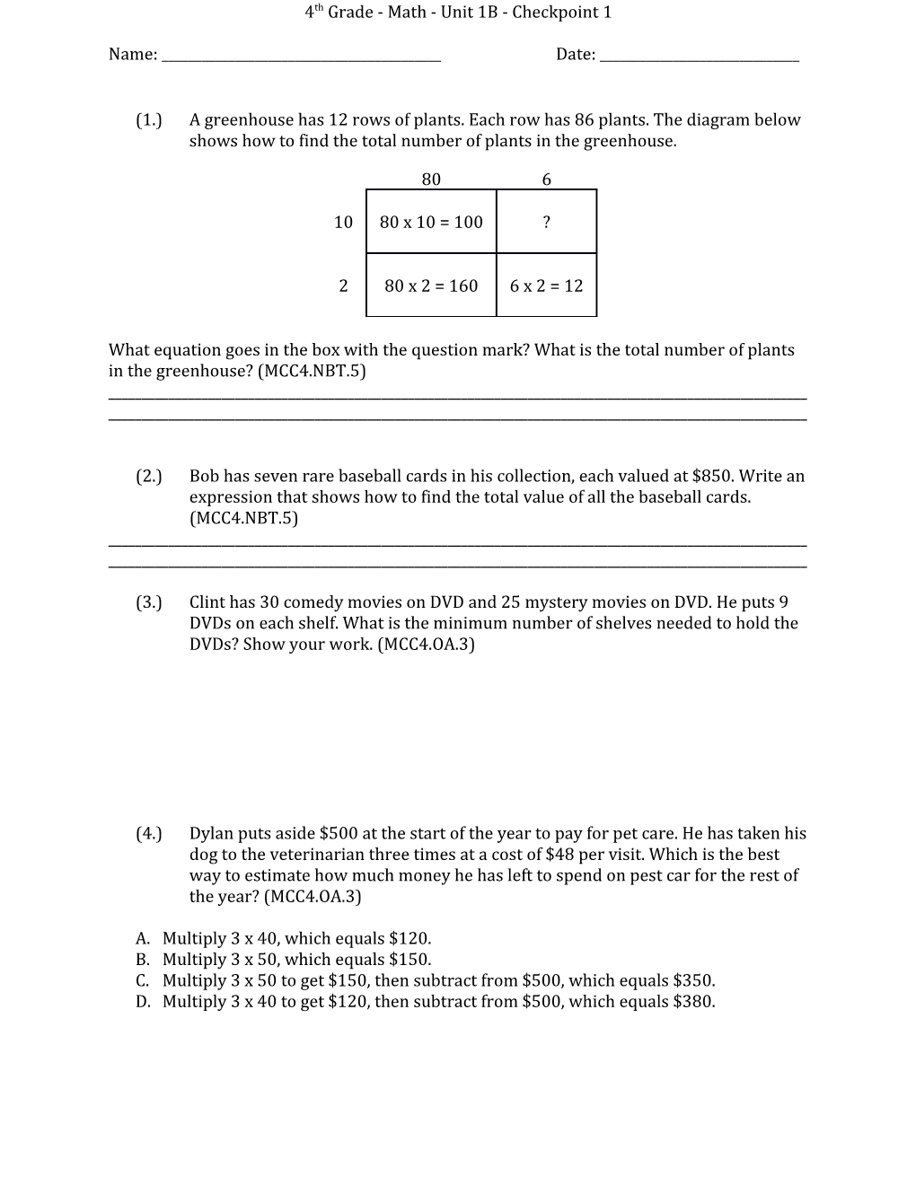 4Th Grade - Math - Unit 1B - Checkpoint 1