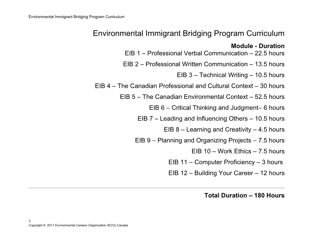 Environmental Immigrant Bridging Program Curriculum