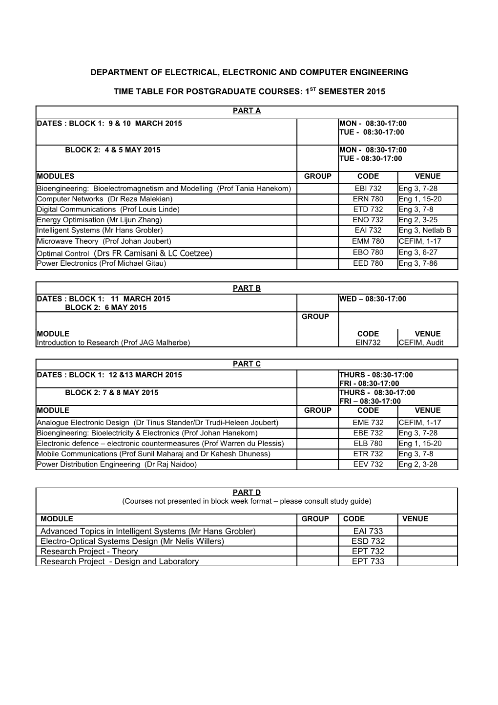 Time Table for Postgraduate Courses: 1St Semester 2002