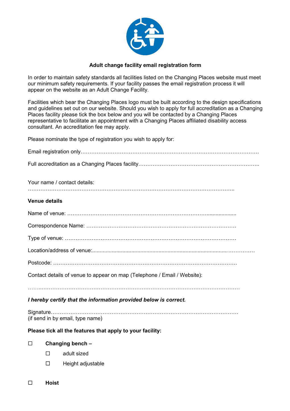 Changing Places Toilets Registration Form