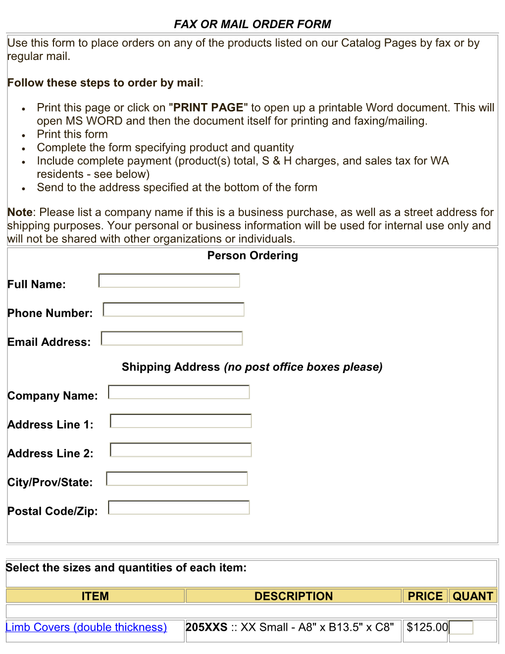 Form to Print and Fax Or Mail