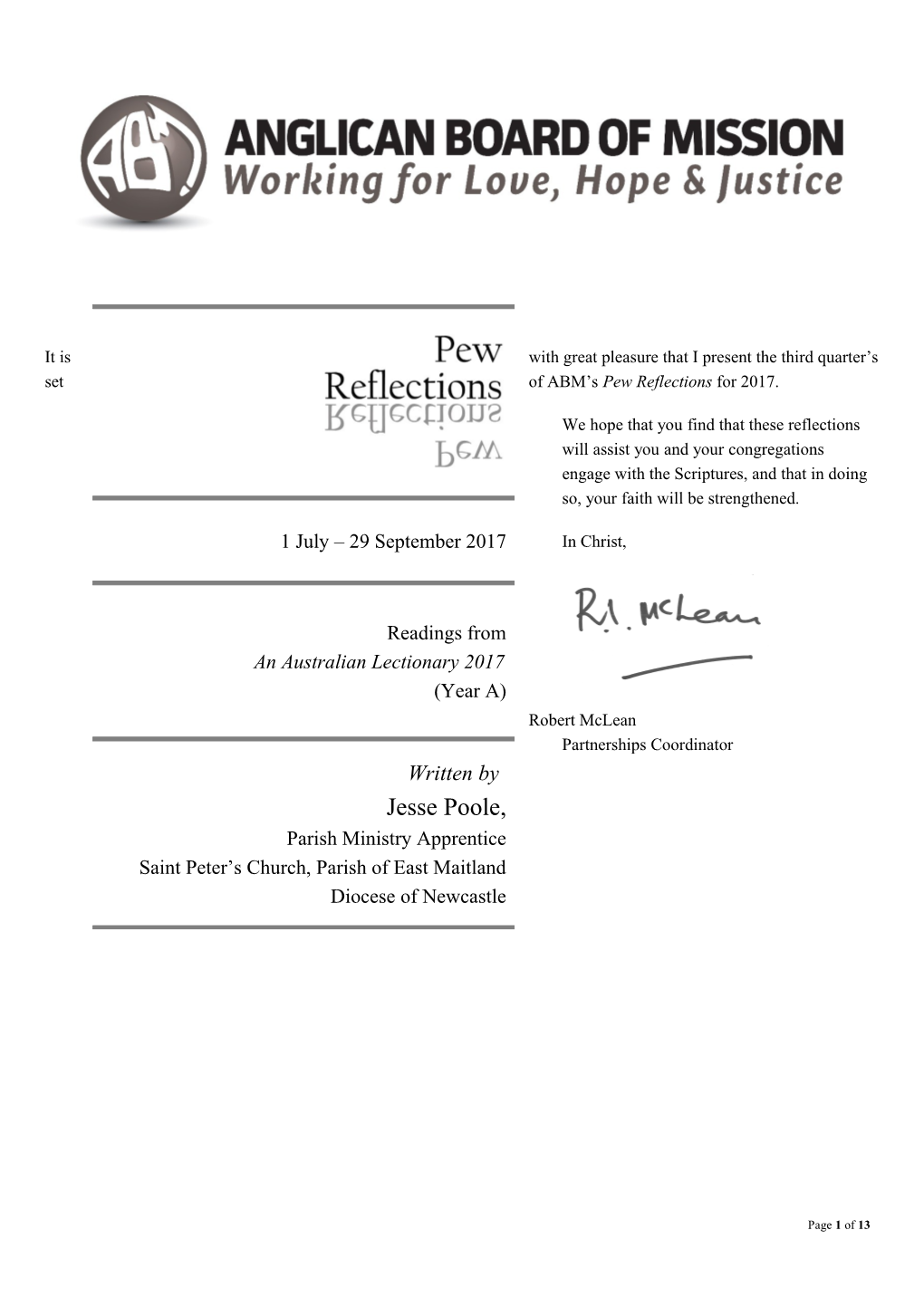 It Is with Great Pleasure That I Present the Thirdquarter S Set of ABM S Pew Reflections