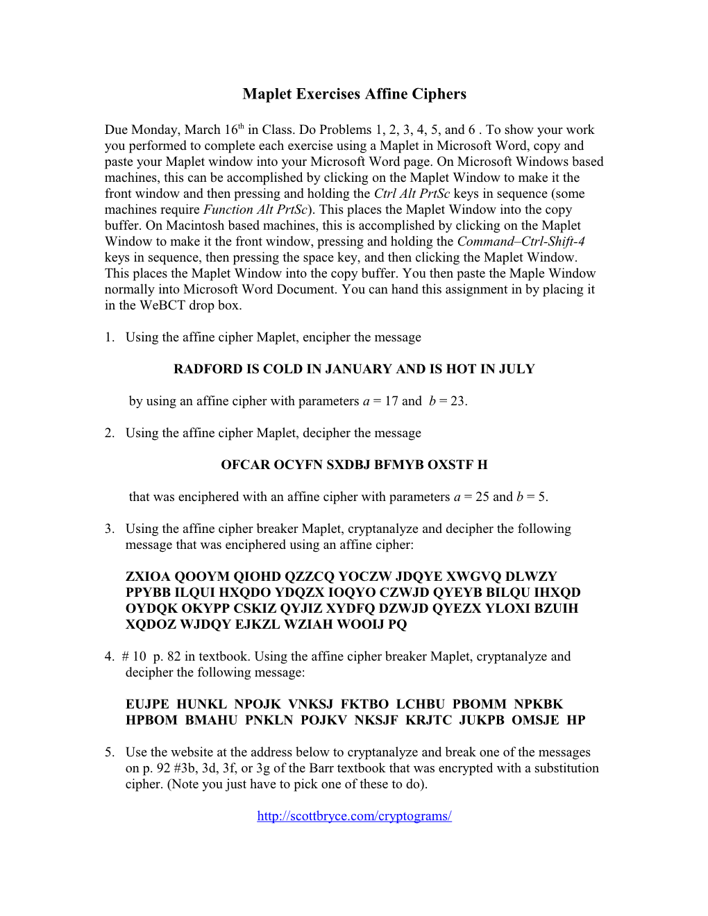 Maple Assignment Problems for Shift Ciphers (Section 2