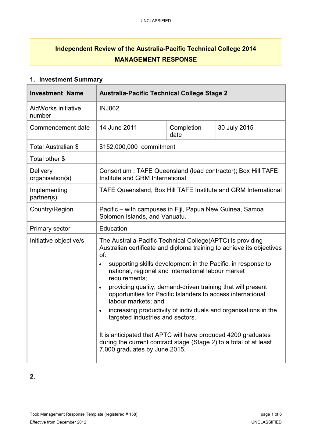 Independent Review of the Australia-Pacific Technical College 2014